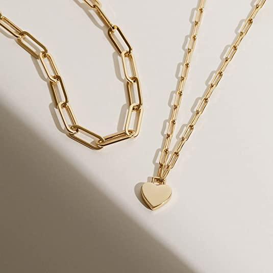 Layered Paperclip Chain Heart Pendant Necklace - Aiora