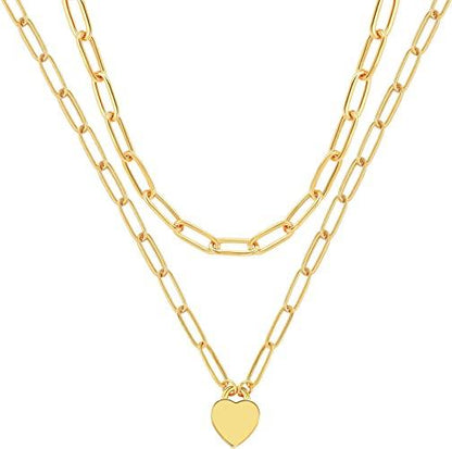 Layered Paperclip Chain Heart Pendant Necklace