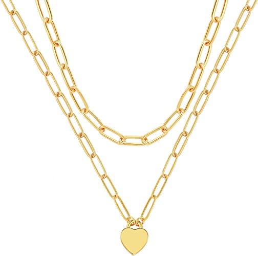 Layered Paperclip Chain Heart Pendant Necklace