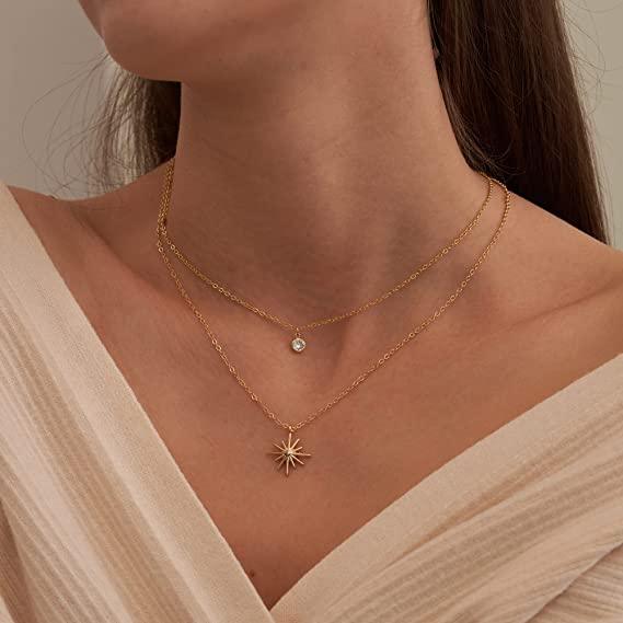 Layered Star with CZ Pendant Necklace