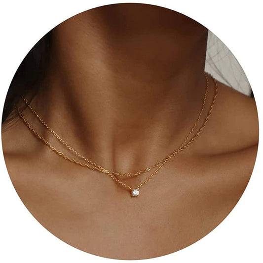 Simple Layered CZ Diamond Gold Necklace