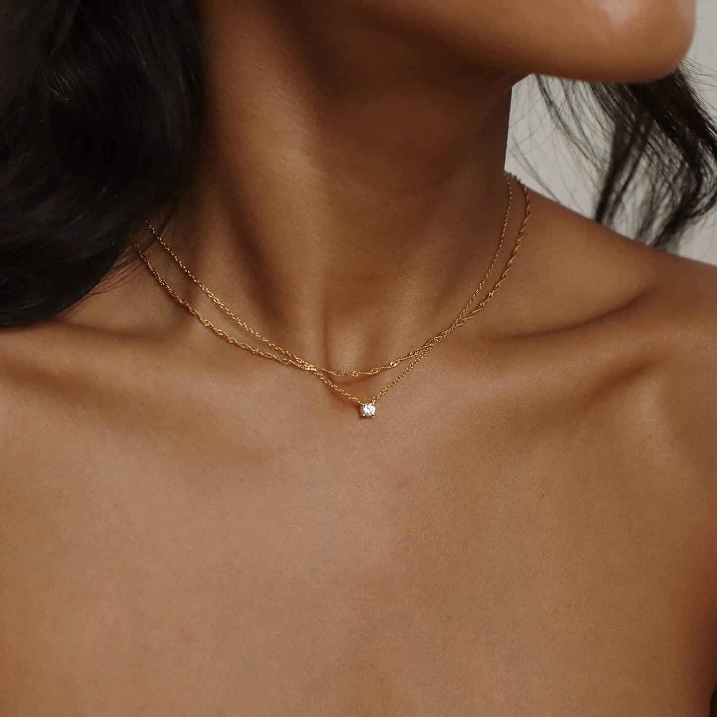 Simple Layered CZ Diamond Gold Necklace
