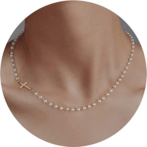 Sideway Cross Pearl Choker Necklace