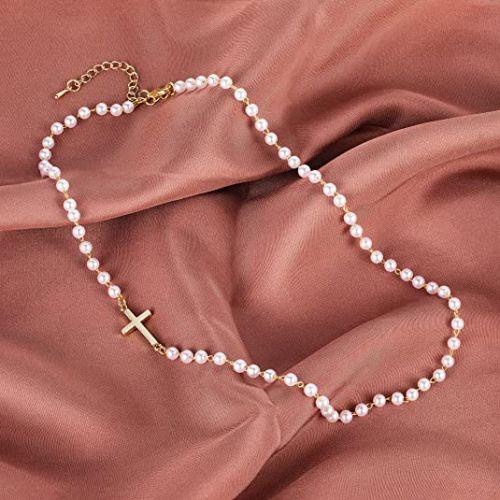 Sideway Cross Pearl Choker Necklace