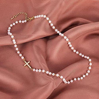Sideway Cross Pearl Choker Necklace